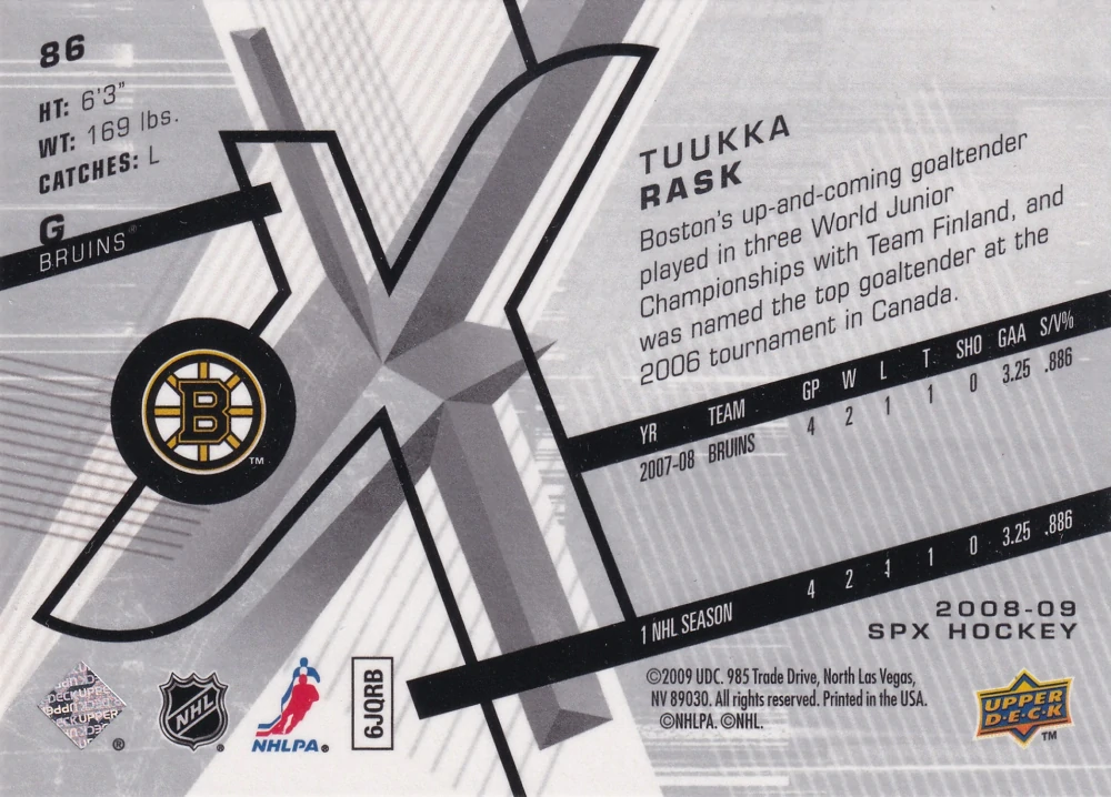 2008-09 UD SPx - Tuukka Rask #86
