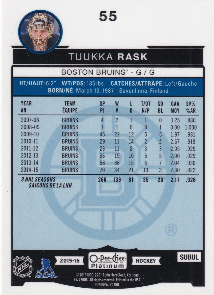 2015-16 UD O-Pee-Chee Platinum - Tuukka Rask #55