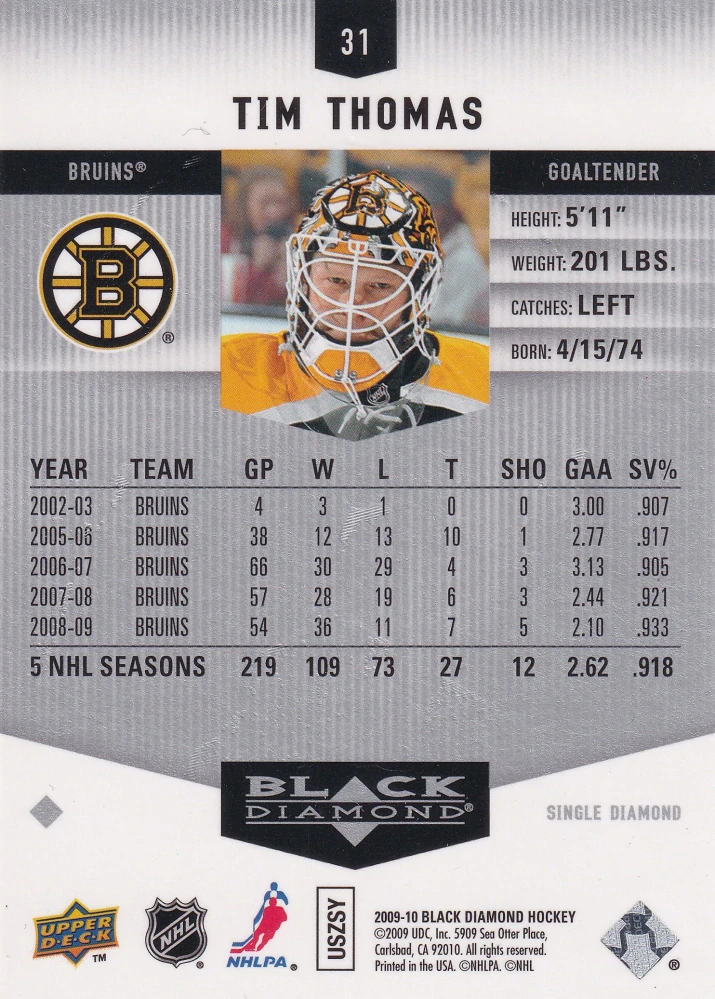 2009-10 UD Black Diamond - Tim Thomas #31
