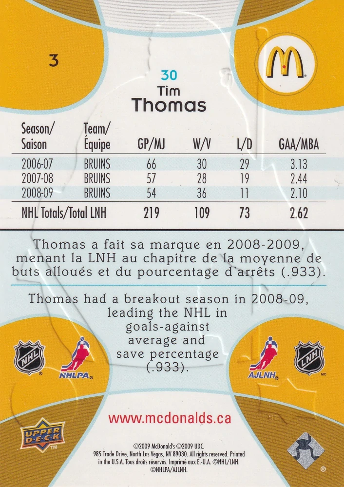 2009-10 UD McDonald's - Tim Thomas #3