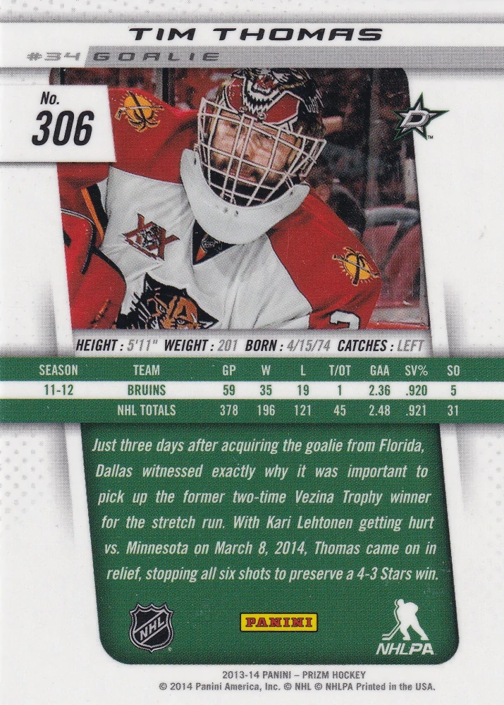 2013-14 Panini Rookie Anthology - Tim Thomas - Prizm Update #306