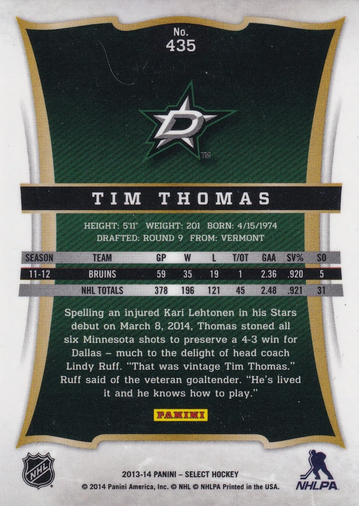 2013-14 Panini Rookie Anthology - Tim Thomas - Select Update #435