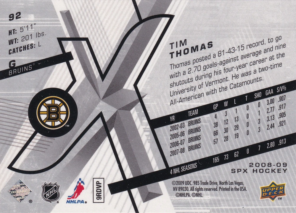 2008-09 UD SPx - Tim Thomas #92