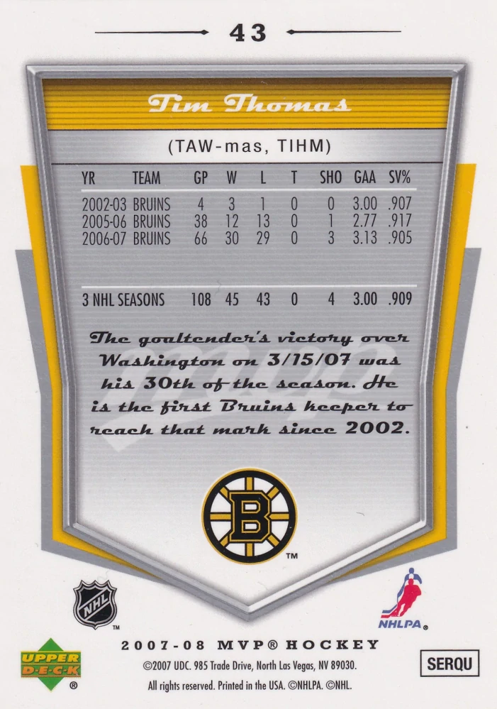 2007-08 UD MVP - Tim Thomas #43