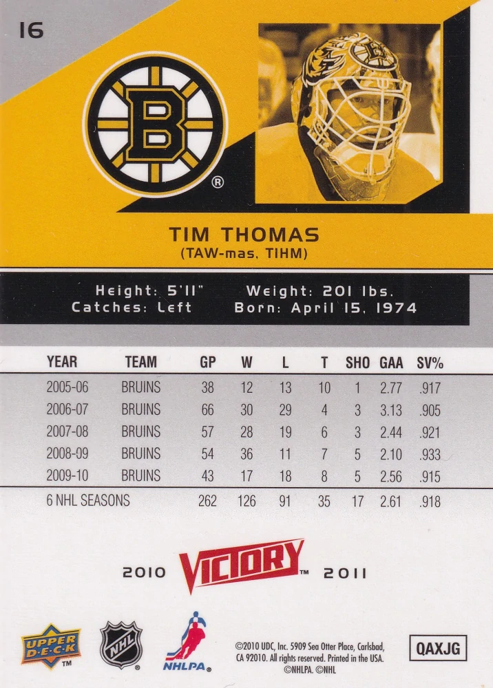 2010-11 UD Victory - Tim Thomas #16