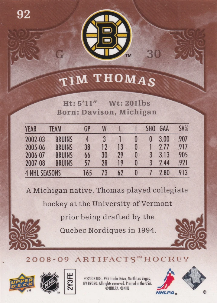 2008-09 UD Artifacts - Tim Thomas #92