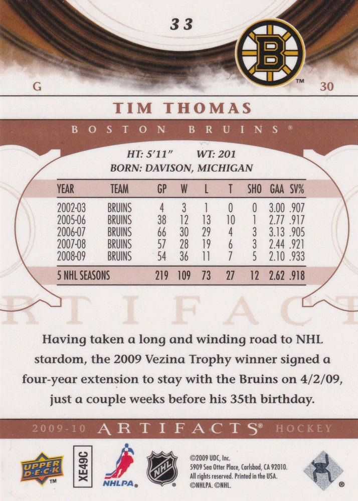 2009-10 UD Artifacts - Tim Thomas #33