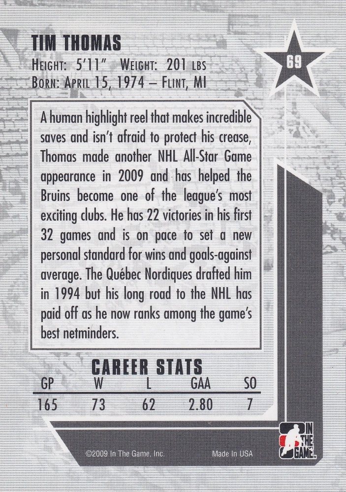 2008-09 ITG Between The Pipes - Tim Thomas - Stars Of The Game #69