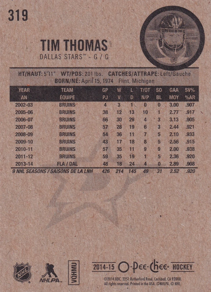 2014-15 UD O-Pee-Chee - Tim Thomas #319