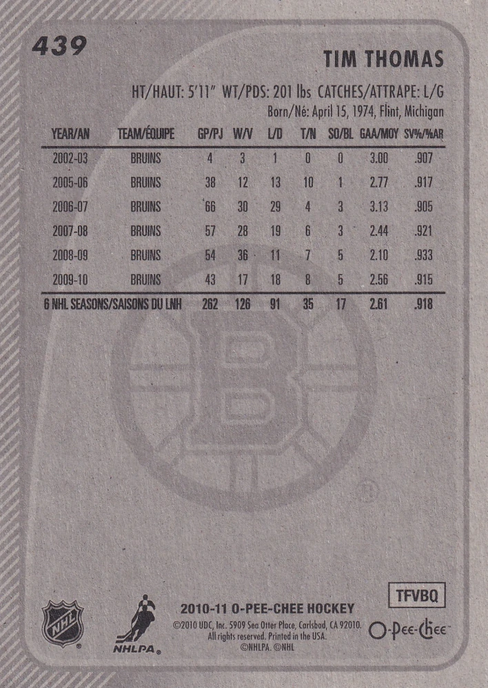 2010-11 UD O-Pee-Chee - Tim Thomas #439
