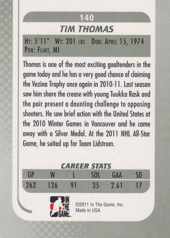 2010-11 ITG Between the Pipes - Tim Thomas - Stars Of The Game #140