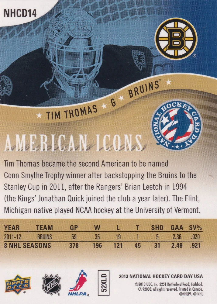 2013 UD National Hockey Card Day USA - Tim Thomas #NHCD14