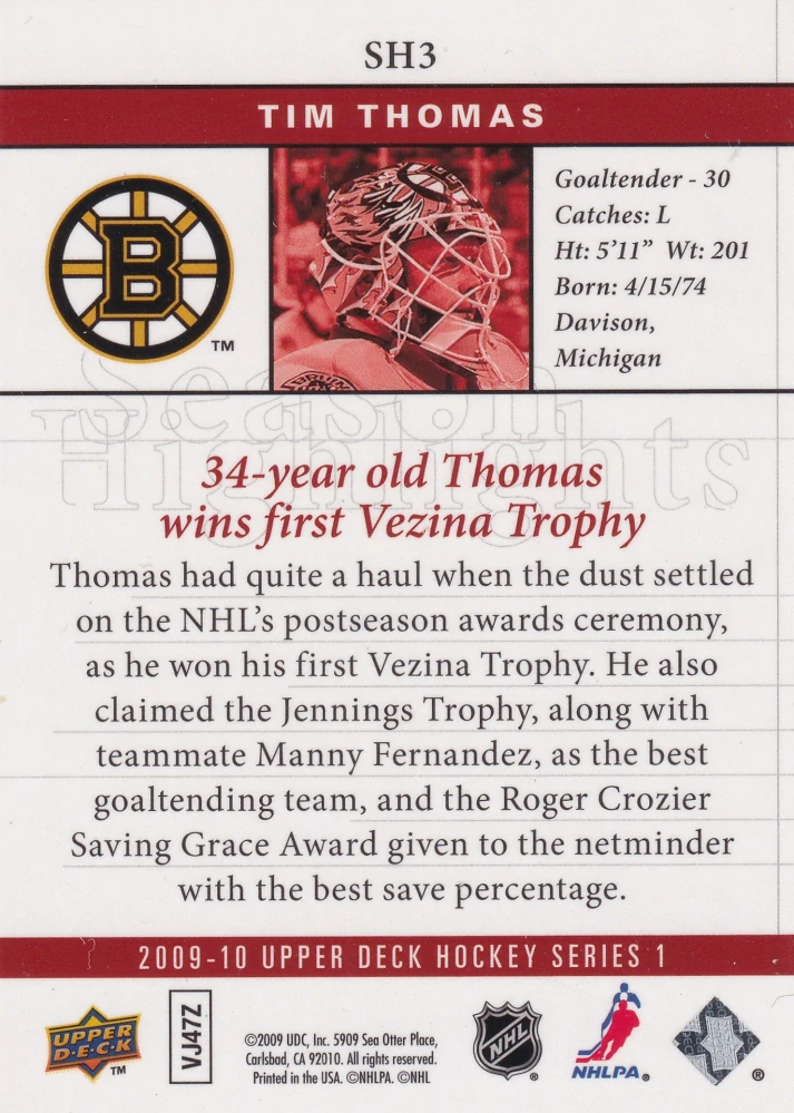 2009-10 UD Series 1 - Tim Thomas - Season Highlights #SH3