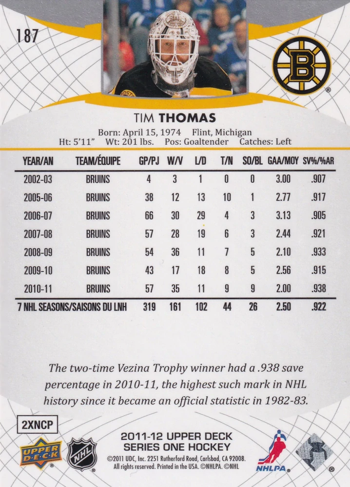 2011-12 UD Series 1 - Tim Thomas #187