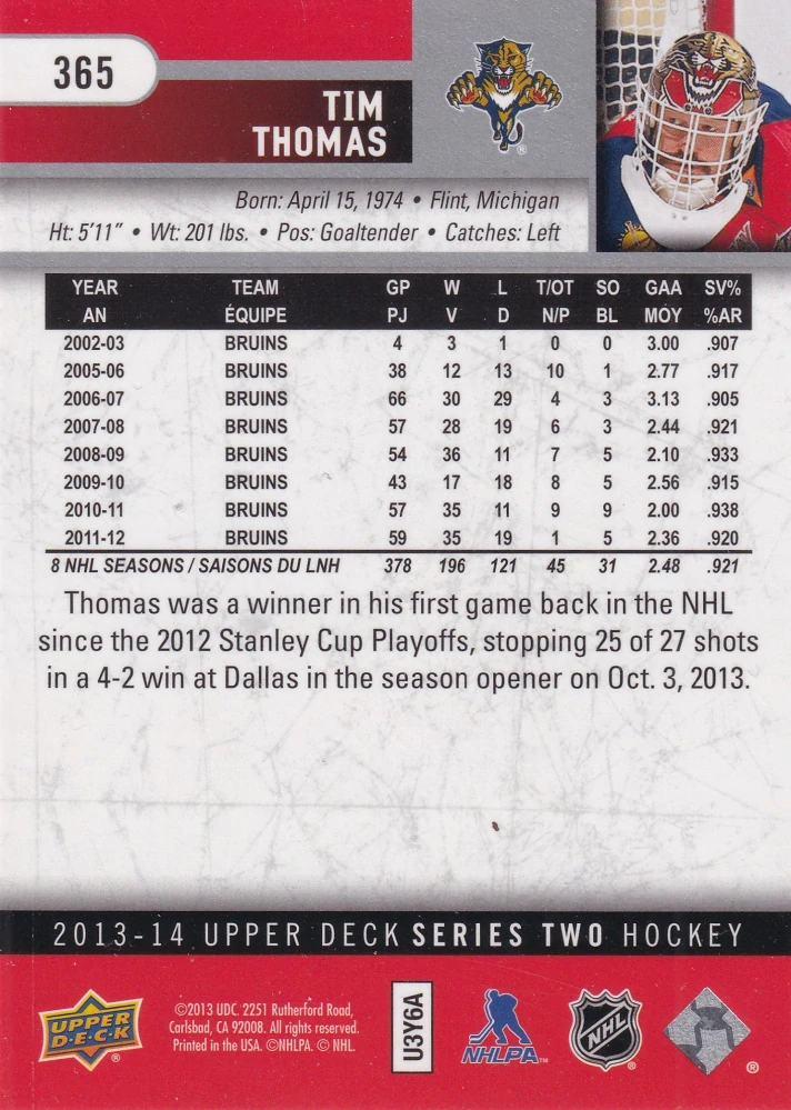 2013-14 UD Series 2 - Tim Thomas #365