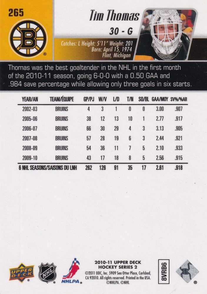 2010-11 UD Series 2 - Tim Thomas #265