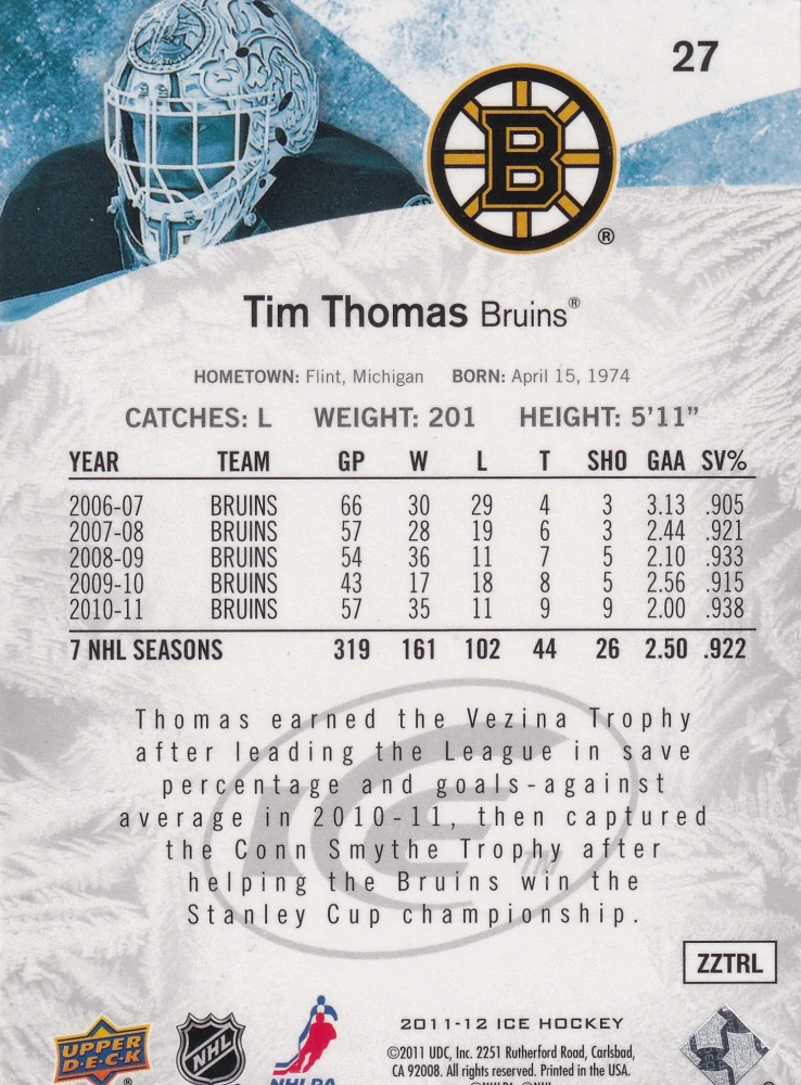 2011-12 UD Ice - Tim Thomas #27