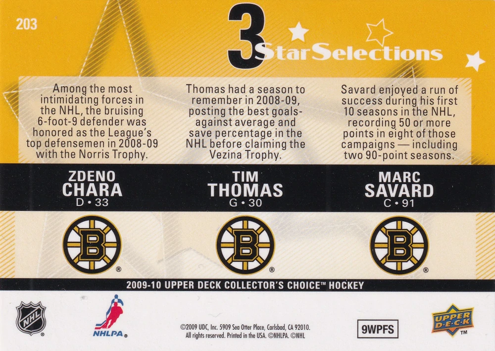 2009-10 UD Collector's Choice - Zdeno Chára, Tim Thomas, Marc Savard - 3 Star Selection #203