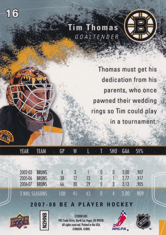 2007-08 UD Be A Player - Tim Thomas #16