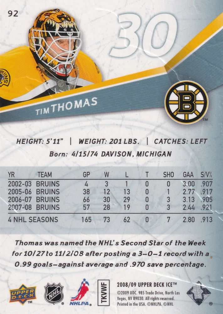 2008-09 UD Ice - Tim Thomas #92