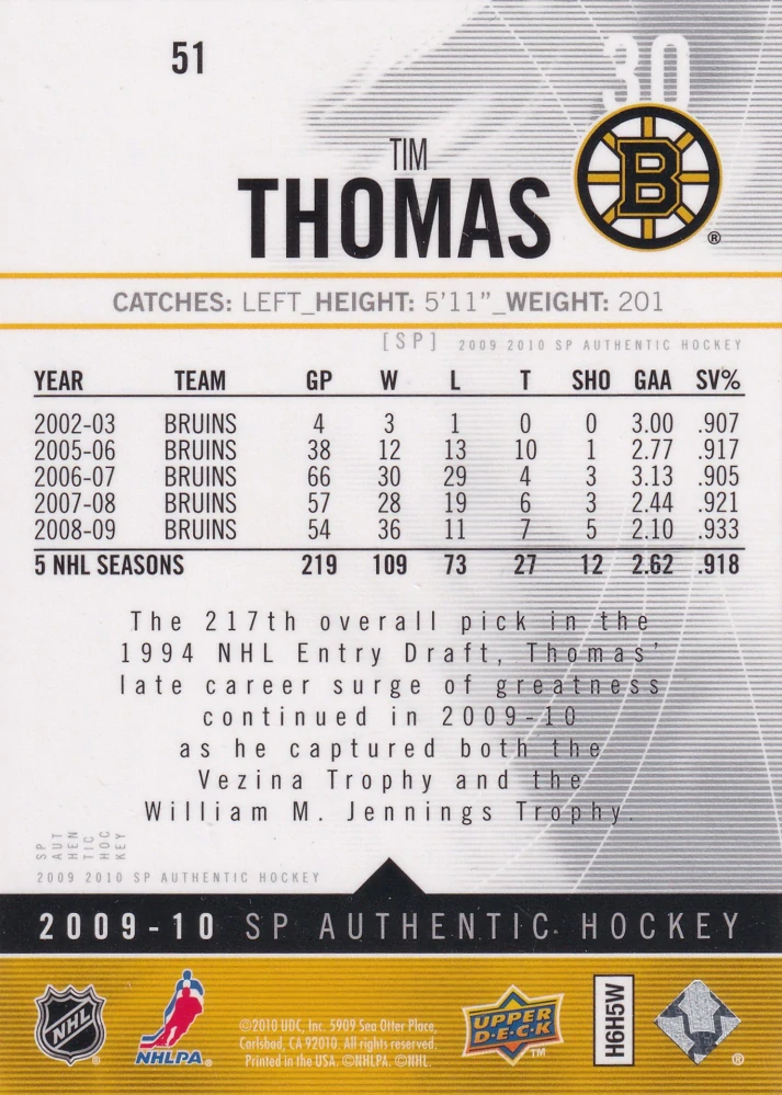 2009-10 UD SP Authentic - Tim Thomas #51