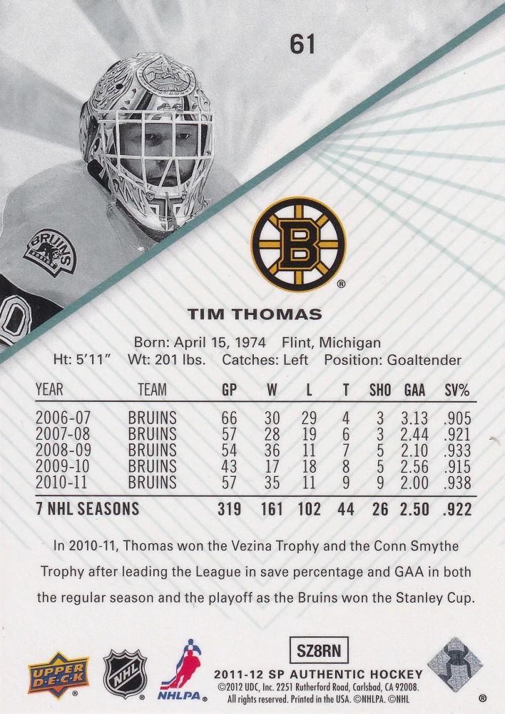 2011-12 UD SP Authentic - Tim Thomas #61
