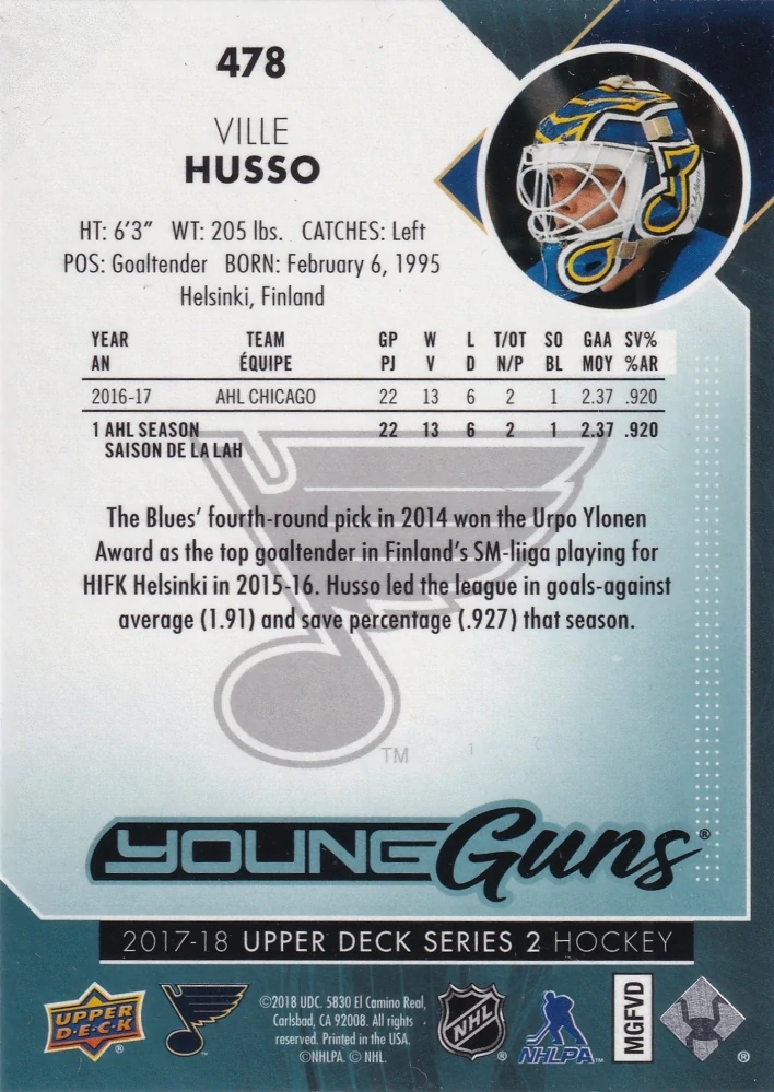 2017-18 UD Series 2 - Ville Husso - Young Guns #478