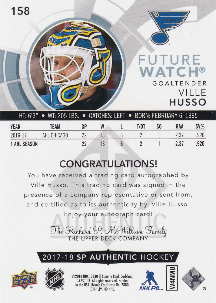 2017-18 UD SP Authentic - Ville Husso - Autographed Future Watch /999 #158