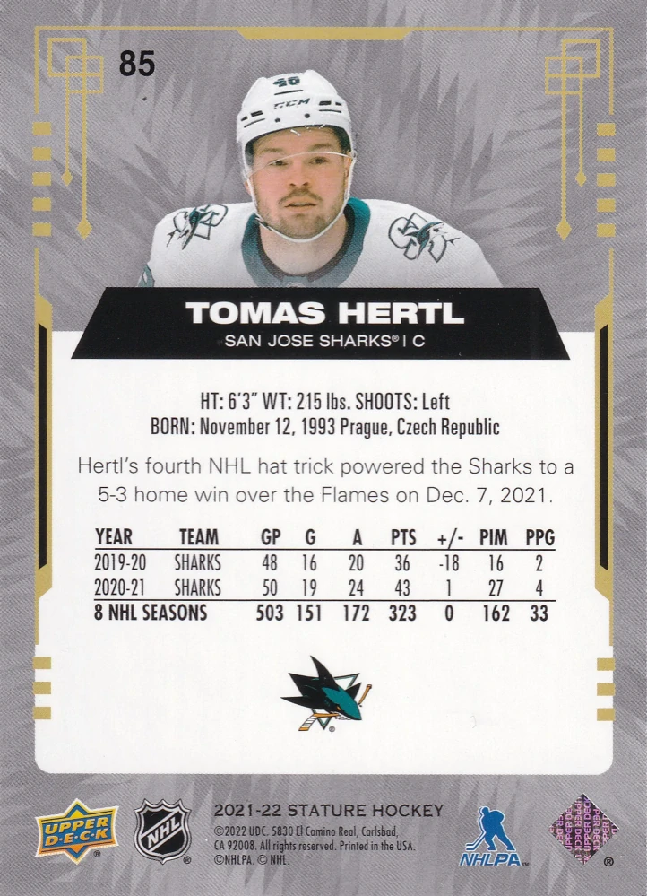 2021-22 UD Stature - Tomáš Hertl - Photo Variant Red /33 #85