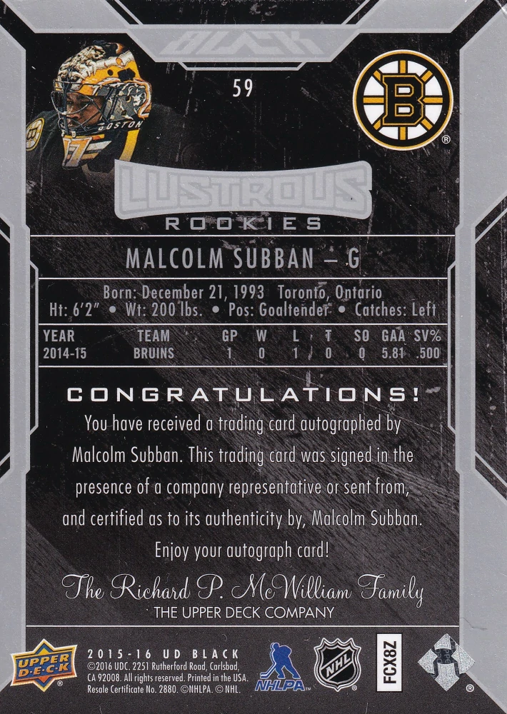 2015-16 UD Black - Malcolm Subban - Lustrous Rookies /299 #59