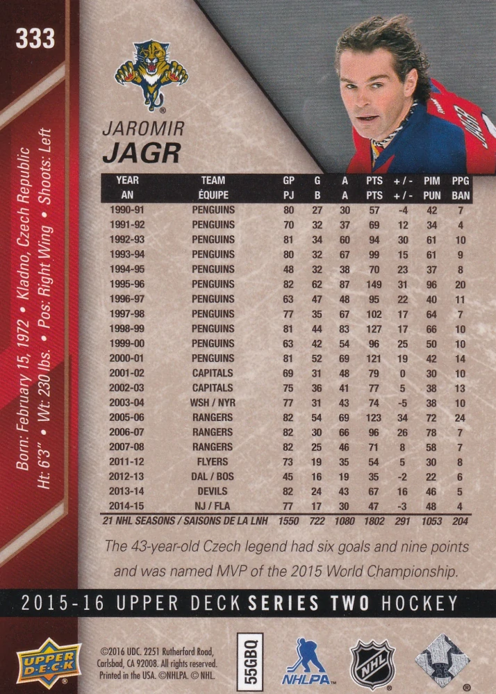 2015-16 UD Series 2 - Jaromír Jágr - UD Exclusives /100 #333