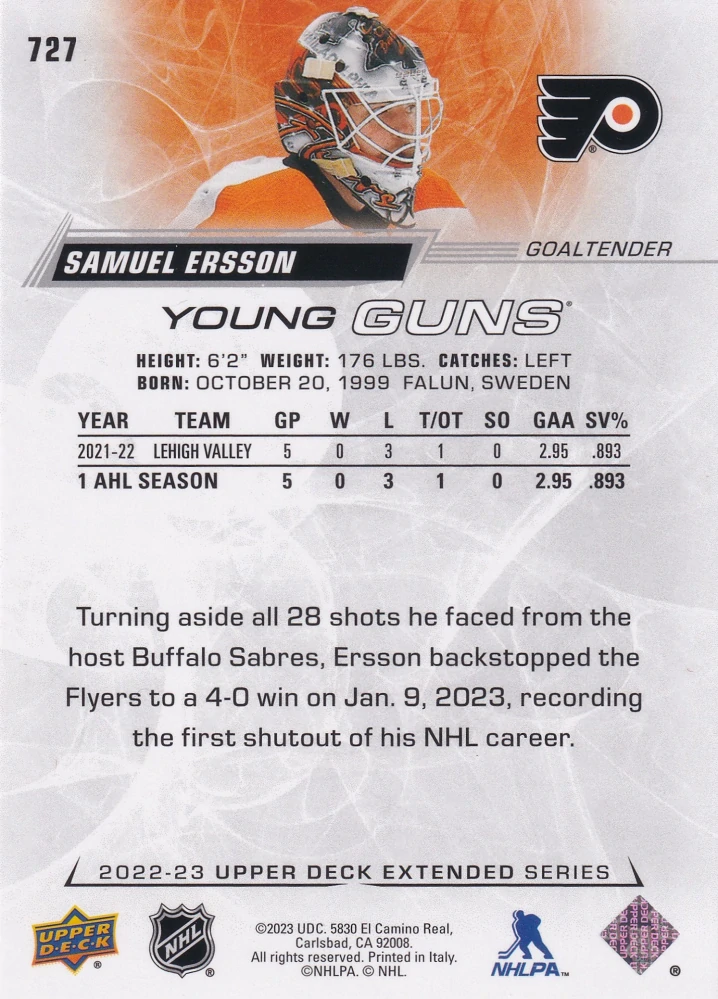 2022-23 UD Extended Series - Samuel Ersson - Young Guns #727