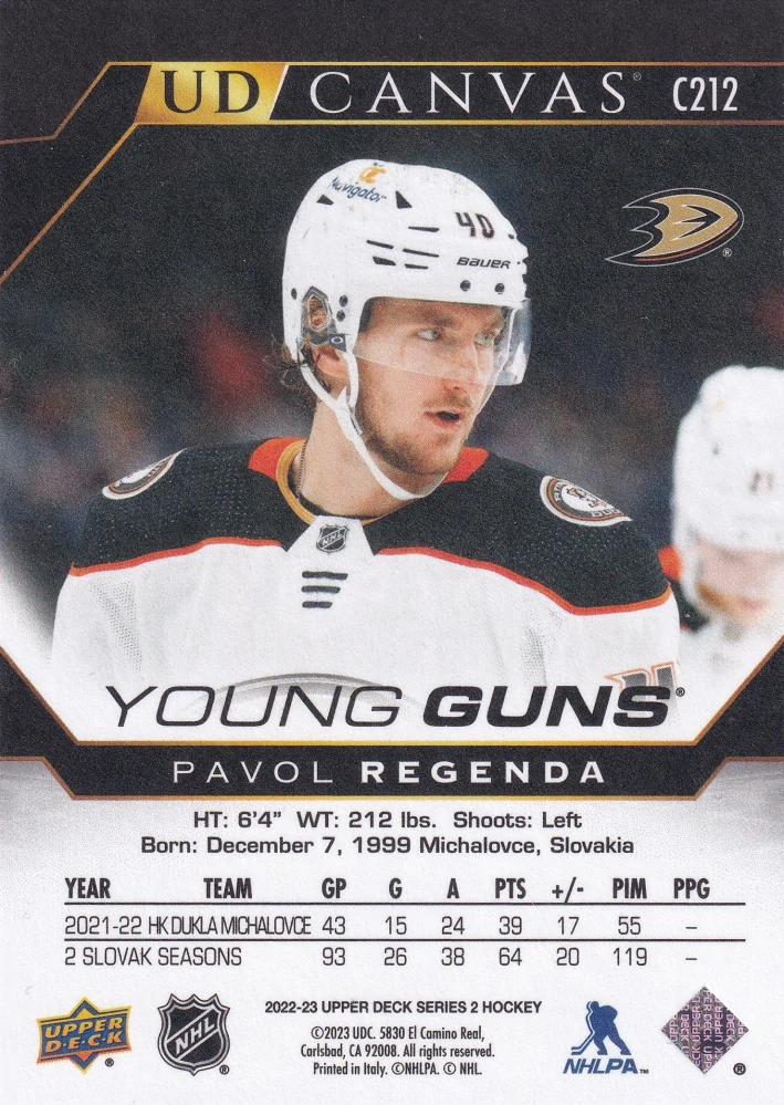 2022-23 UD Series 2 - Pavol Regenda - Young Guns Canvas Black & White #C212