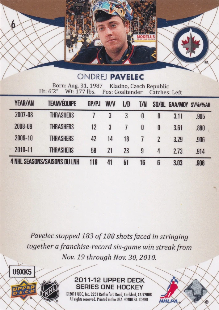 2011-12 UD Series 1 - Ondřej Pavelec - UD Exclusives /100 #6