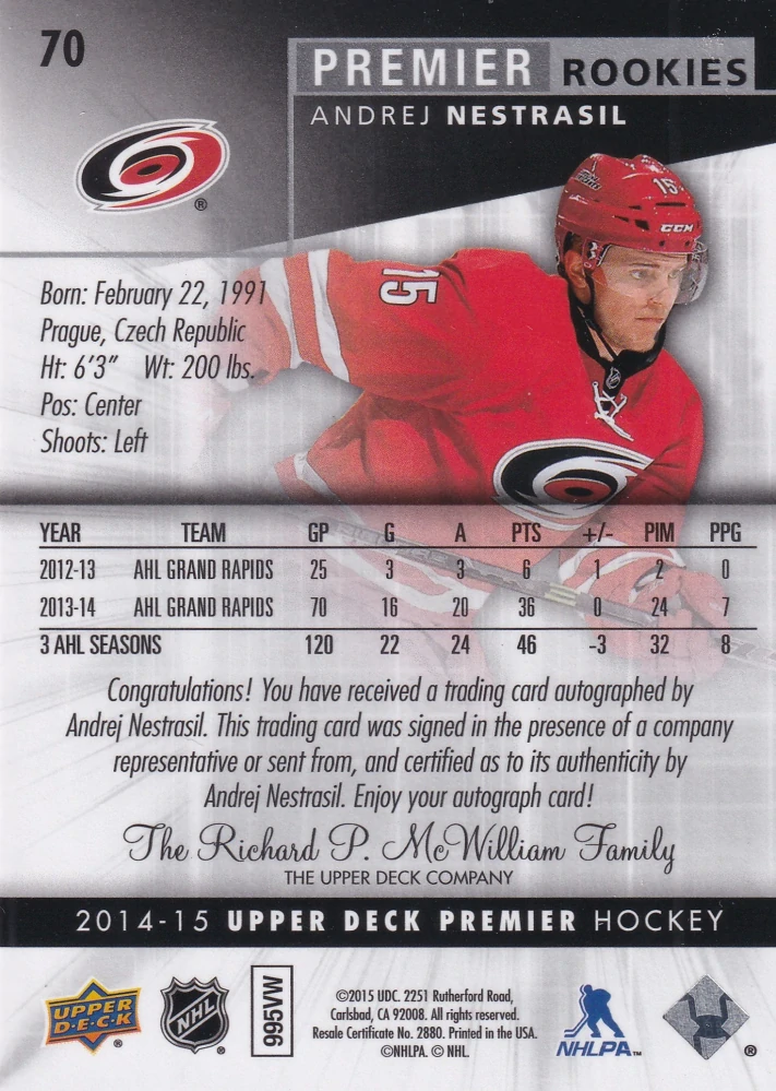 2014-15 UD Premier - Andrej Nestrašil - Premier Rookies Autographs /299 #70