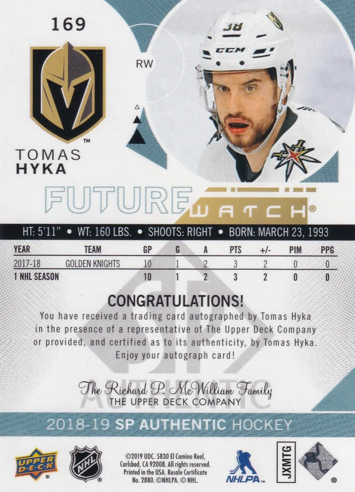 2018-19 UD SP Authentic - Tomáš Hyka - Autographed Future Watch /999 #169
