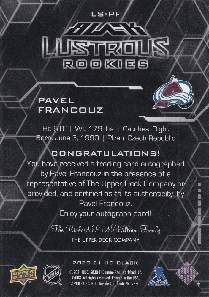 2020-21 UD SPx - Pavel Francouz - UD Black Lustrous Rookie Signatures /299 #LS-PF