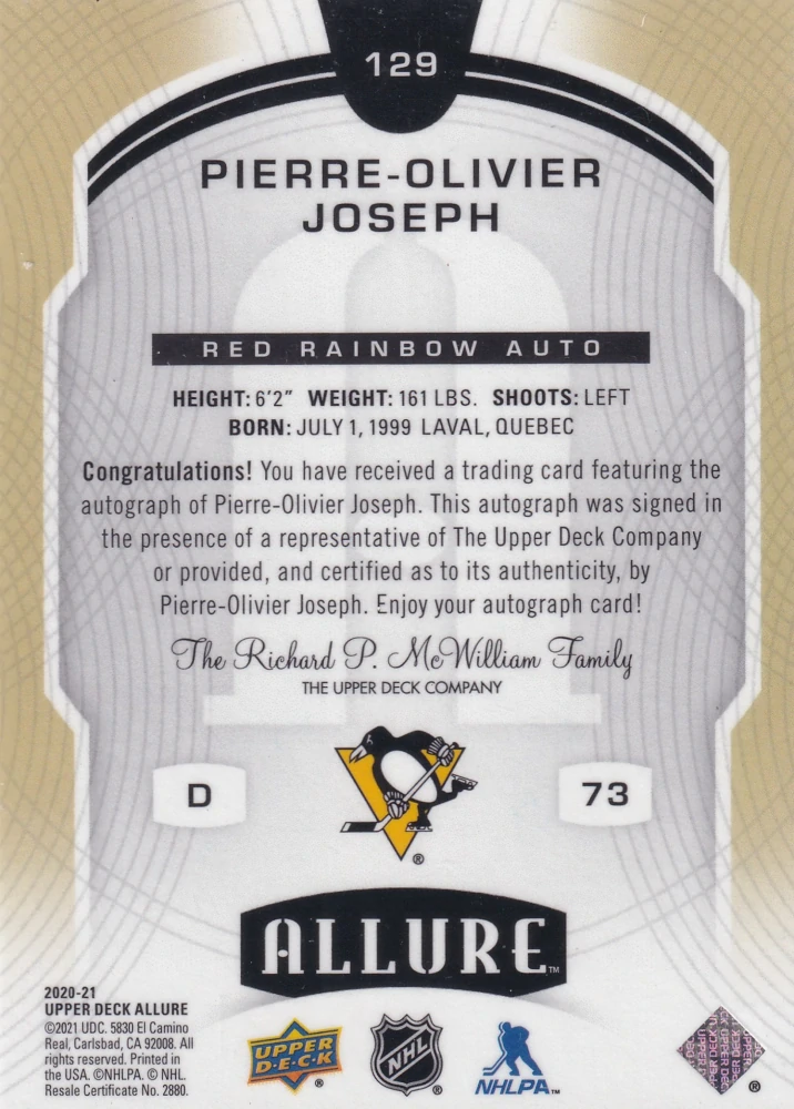2020-21 UD Allure - Pierre-Olivier Joseph - Rookie Red Rainbow Auto #129