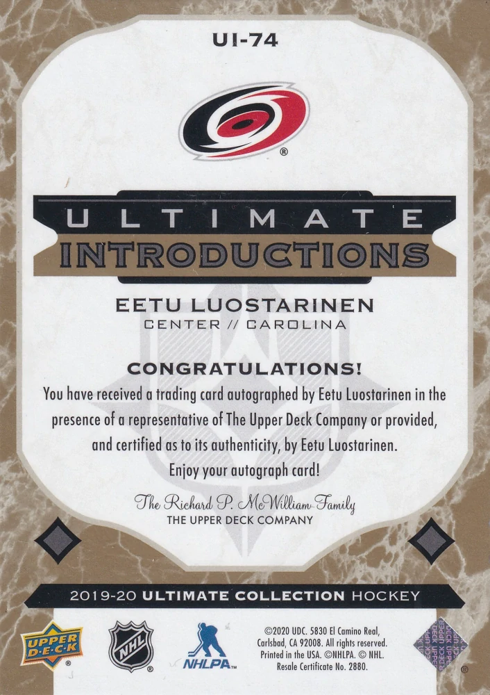 2019-20 UD Ultimate - Eetu Luostarinen - Ultimate Introductions - Gold Autographs #UI-74