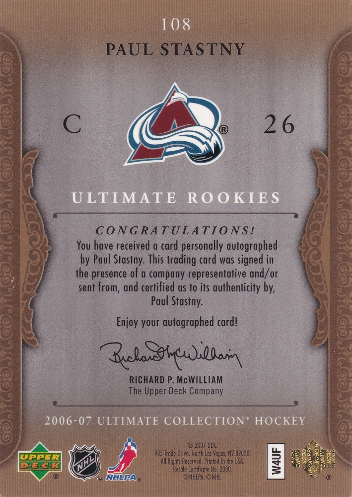 2006-07 UD Ultimate - Paul Stastny - Autographed Ultimate Rookies /299 #108