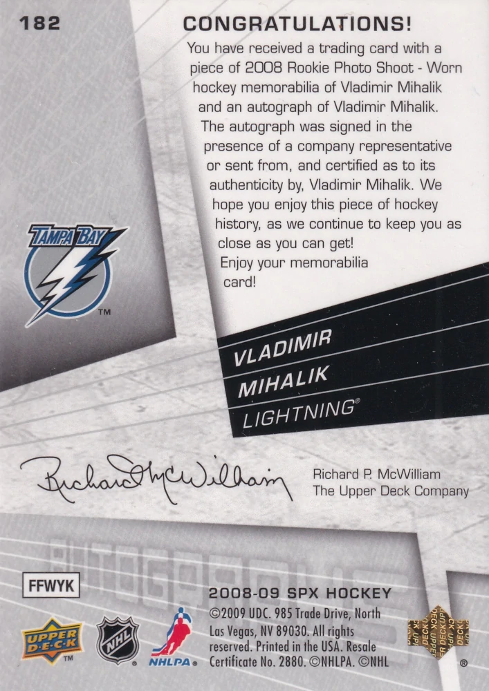 2008-09 UD SPx - Vladimír Mihálik - SPX Rookies Autographs Jerseys /999 #182