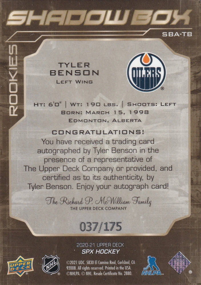 2020-21 UD SPx - Tyler Benson - Shadow Box Rookies Autographs /175 #SBA-TB