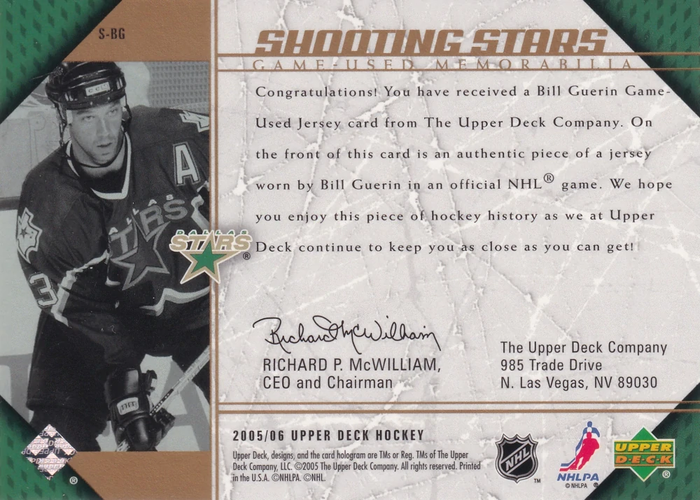 2005-06 UD Series 1 - Bill Guerin - Shooting Stars Game-Used Memorabilia #S-BG
