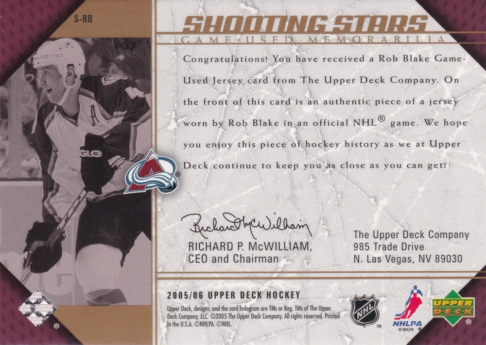 2005-06 UD Series 1 - Rob Blake - Shooting Stars Game-Used Memorabilia #S-RB