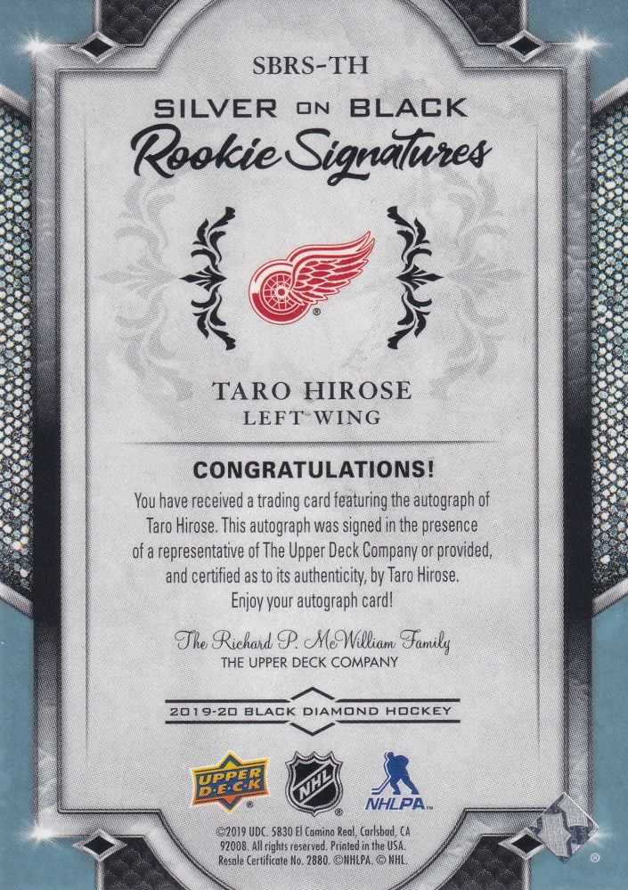 2019-20 UD Black Diamond - Taro Hirose - Silver on Black Rookie Signatures - Spectrum /99 #SBRS-DF