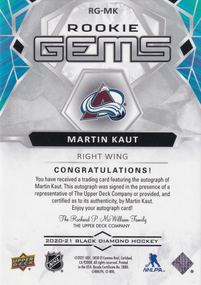 2020-21 UD Black Diamond - Martin Kaut - Rookie Gems /199 #RG-MK