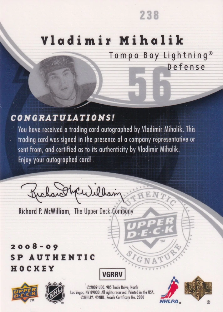 2008-09 UD SP Authentic - Vladimír Mihálik - Autographed Future Watch /999 #238
