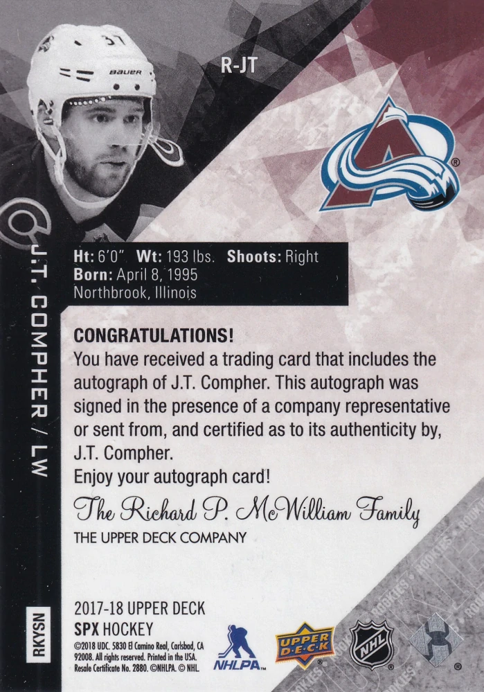 2017-18 UD SPx - J.T. Compher - Rookies - Autographs /199 #R-JT