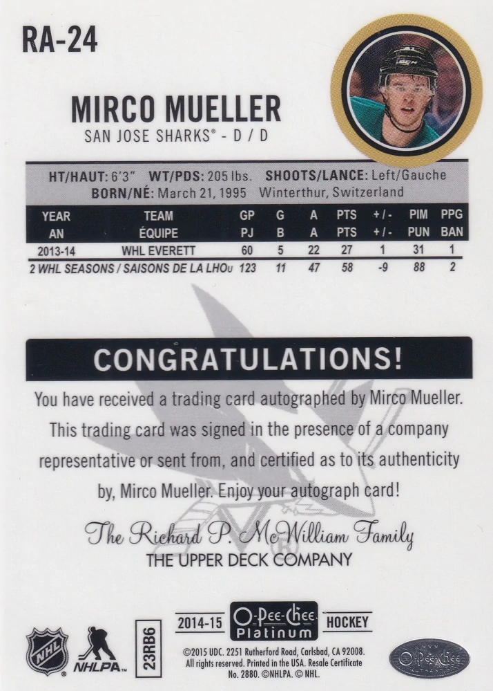 2014-15 UD O-Pee-Chee Platinum - Mirco Mueller - Rookie Autographs #RA-24