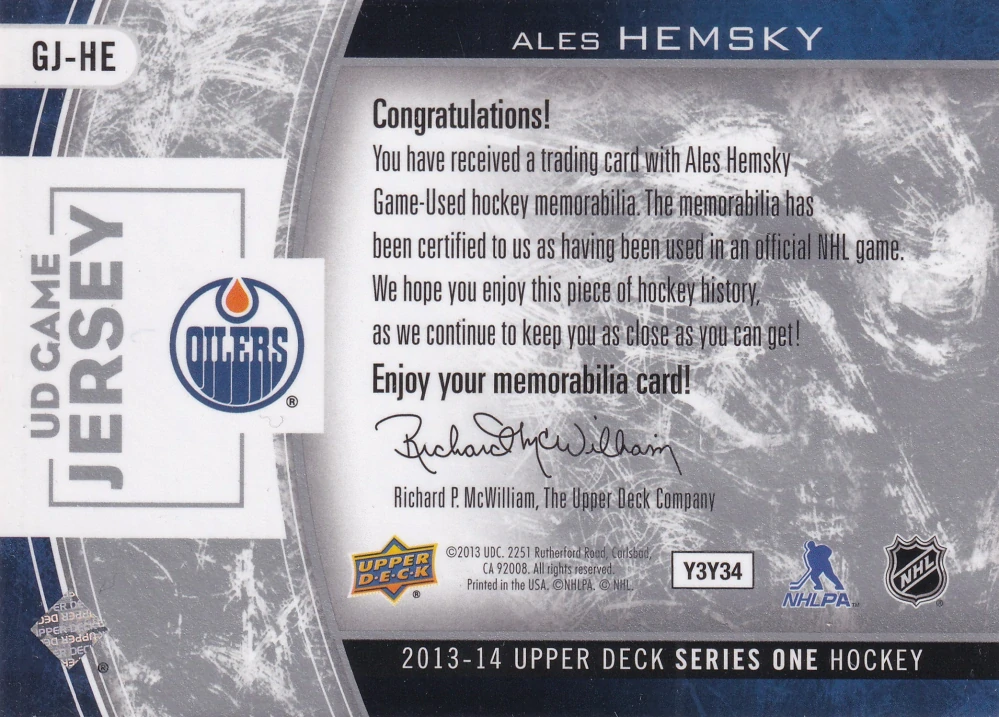 2013-14 UD Series 1 - Aleš Hemský - UD Game Jersey #GJ-HE